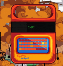 a cartoon drawing of a device that says speak and spell