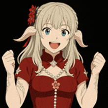 a blonde anime girl is wearing a red dress