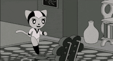 a black and white cartoon of a cat standing next to a vase