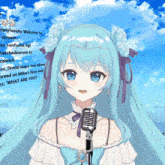 a girl with blue hair is holding a microphone in front of a sign that says " what are you "