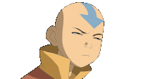 a cartoon character with a bald head and a blue arrow on his forehead