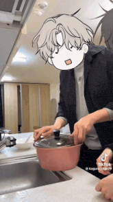 a man is putting a lid on a pot in a kitchen