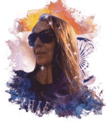 a woman wearing sunglasses stands in front of a flag and the word chile