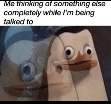 a cartoon penguin is talking to another penguin while thinking of something else .