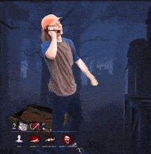 a man in a baseball cap is talking on a cell phone in front of a crate with the number 2 on it