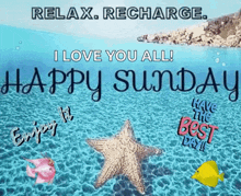 a happy sunday greeting card with starfish and fish in the ocean