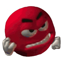 a red smiley face with a very angry look on it 's face