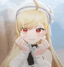 a blonde anime girl with red eyes making a heart shape with her hands