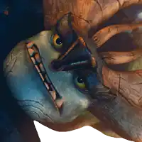 a close up of a cartoon character with horns
