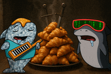 two cartoon characters are standing next to a plate of croissants with swords sticking out of them