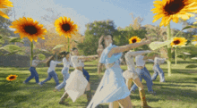 a group of women are dancing in a field with sunflowers in the background
