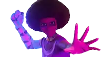 a woman with a purple afro and purple gloves reaches out her hand