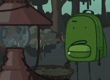 a cartoon drawing of a green backpack holding a key