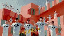a group of people wearing panda masks are standing in front of a building