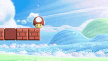 a mushroom is sitting on top of a brick block in a video game