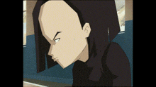 a cartoon character with long black hair is sitting on a couch