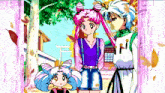 a couple of anime characters standing next to each other with leaves falling around them