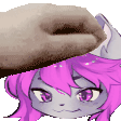 a cartoon cat with pink hair is holding a donut on her head .