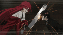 a cartoon character with red hair and glasses holding a sword