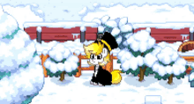 a pixel art drawing of a fox in a snowy forest