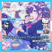 a picture of a girl with the words mafuyu says trans rights on the bottom