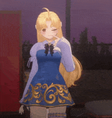 a girl in a blue dress with gold swirls on it is winking