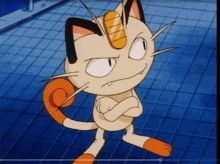 a cartoon cat is standing with his arms crossed