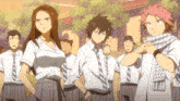 a group of anime characters standing in front of a building with trees in the background