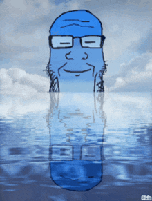 a cartoon drawing of a man with glasses is reflected in a body of water