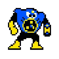 a pixel art drawing of a robot wearing a blue and yellow shirt with a nuclear symbol on it .