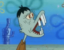 squidward from spongebob squarepants is a cartoon character with a very large mouth and sharp teeth .