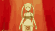 a woman in a bikini is standing in front of a red background .