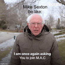 a man with glasses and a jacket says " i am once again asking you to join m.a.c. "