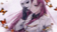 a blurry painting of a woman with pink hair and butterflies around her .