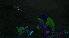 a cartoon drawing of a space ship with a purple light coming out of it