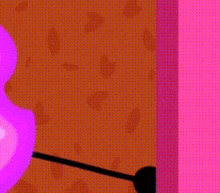 a purple cartoon character is standing next to a pink balloon .