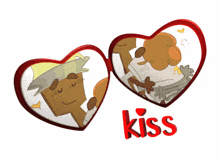 a picture of two hearts with the word kiss on the bottom