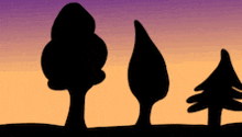 silhouettes of trees against a sunset sky