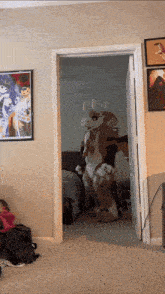 a person in a furry costume is standing in the doorway