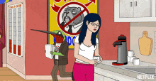 a cartoon of a woman standing in front of a sign that says time-a-iron