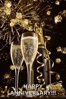 a bottle of champagne and two glasses of champagne with fireworks in the background