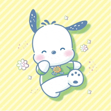 a cartoon drawing of a dog with a flower in his mouth