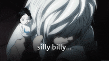 a person holding a doll with the words silly billy written below them