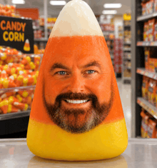 a large candy corn with a man 's face on it