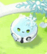 a blue and white cartoon character with a snowflake on its head .