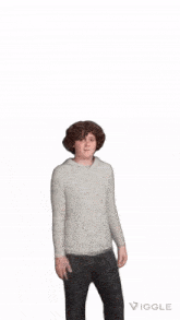 a young boy with curly hair is standing in front of a white background with the word viggle below him