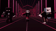 a group of minecraft characters are dancing in front of a pink background