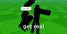 a video game character says " get real " in front of a giant monster