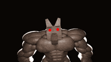 a cartoon character with red eyes and a letter m on his chest