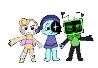 three cartoon characters standing next to each other on a white background .
